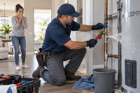 Emergency Plumbing in Ocoee technician inspecting a burst pipe under a residential sink