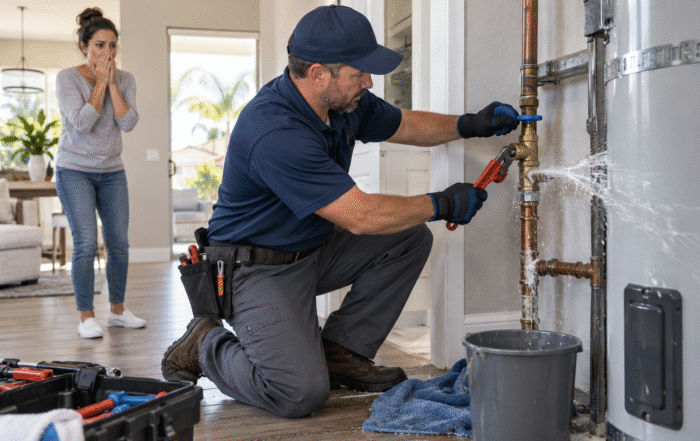 Emergency Plumbing in Ocoee technician inspecting a burst pipe under a residential sink
