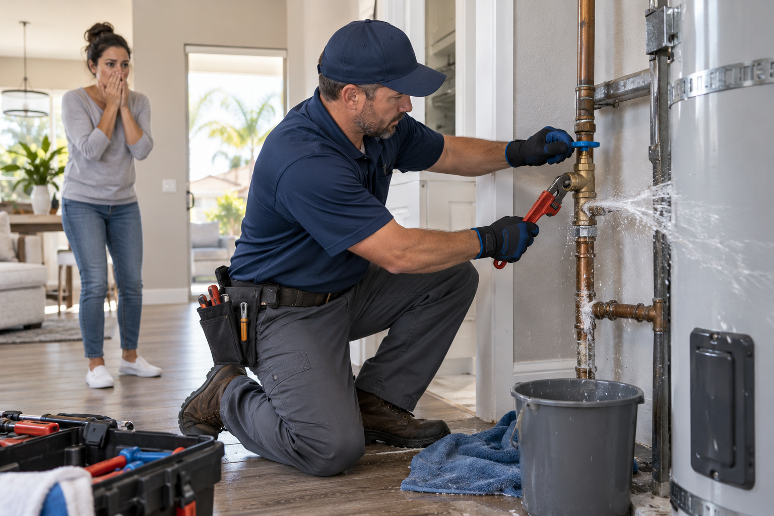Emergency Plumbing in Ocoee technician inspecting a burst pipe under a residential sink