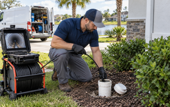 Sewer Line Repair in Oakland plumber checking a residential sewer cleanout for drainage problems