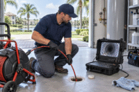Plumber evaluating a slow bathroom drain for Drain Cleaning in Windermere and possible sewer line repair