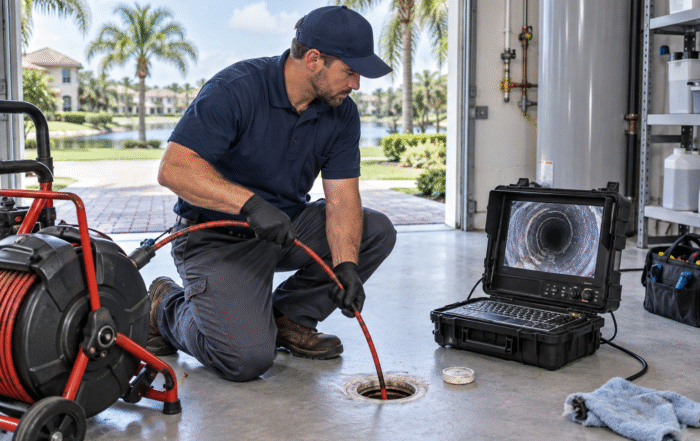 Plumber evaluating a slow bathroom drain for Drain Cleaning in Windermere and possible sewer line repair
