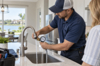 Plumbing Repair in Clermont technician checking a home faucet for low water pressure