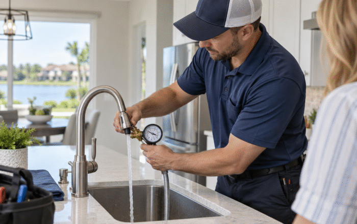 Plumbing Repair in Clermont technician checking a home faucet for low water pressure