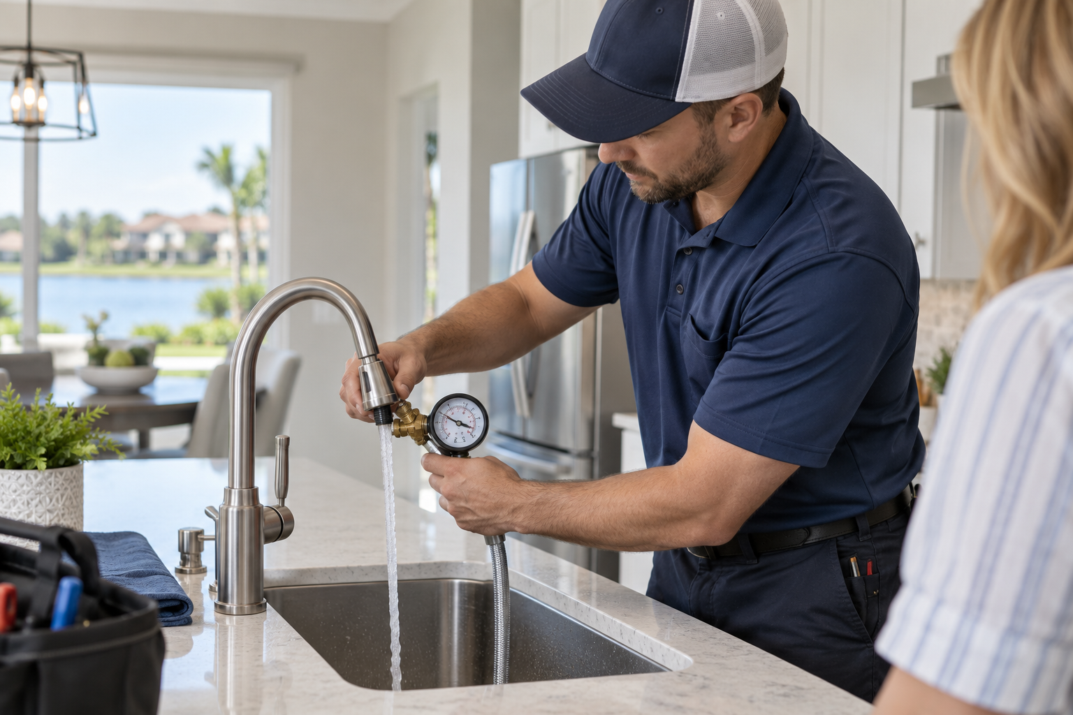 Plumbing Repair in Clermont technician checking a home faucet for low water pressure