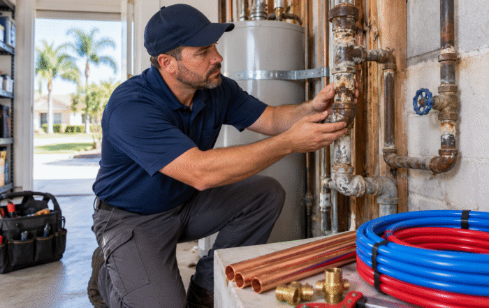 Licensed plumber evaluating aging pipes for a Repipe in Apopka home