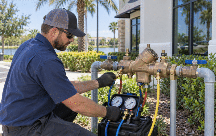Backflow Testing in Winter Garden for a commercial plumbing assembly outside a local property