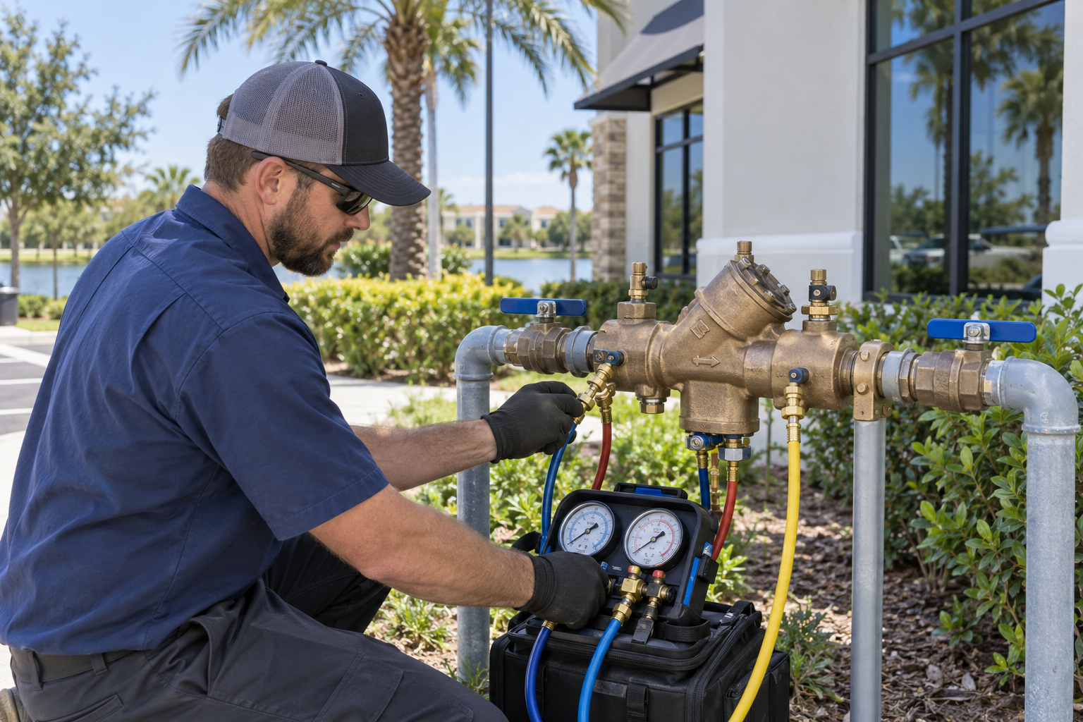 Backflow Testing in Winter Garden for a commercial plumbing assembly outside a local property