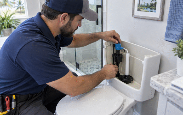 Plumber performing Toilet Repair in Gotha on a running toilet tank in a Central Florida home