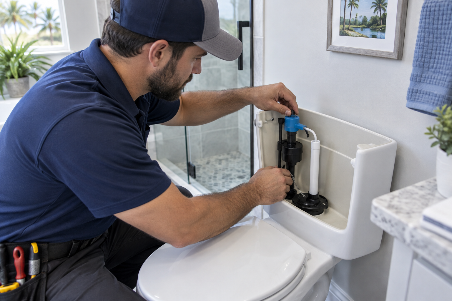 Plumber performing Toilet Repair in Gotha on a running toilet tank in a Central Florida home