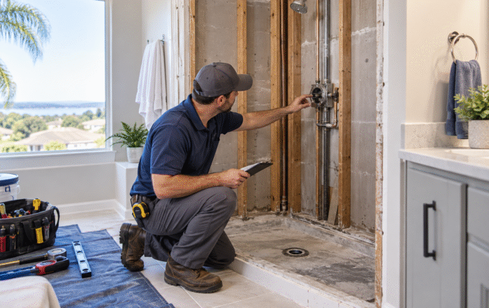 Licensed plumber checking shower valves before Shower Replacement in Minneola home