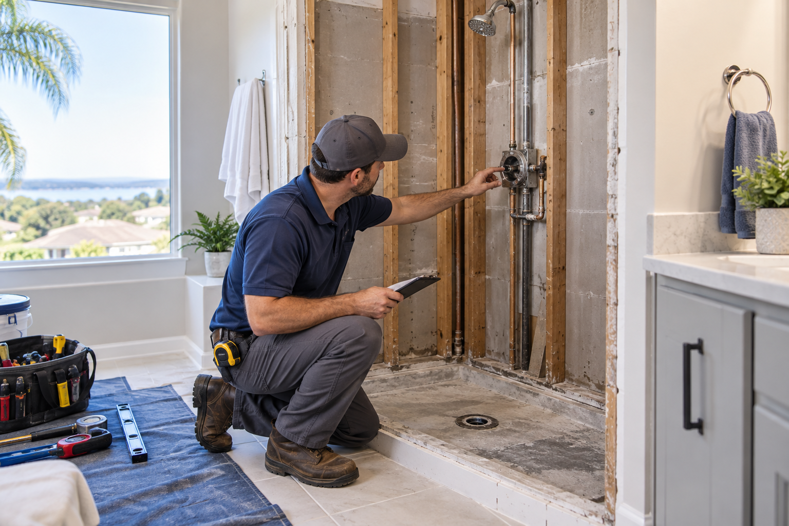 Licensed plumber checking shower valves before Shower Replacement in Minneola home