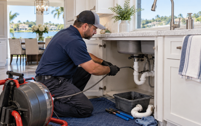 Sink Repair in Windermere plumber clearing a clogged kitchen sink drain in a Central Florida home