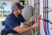 Licensed plumber checking polybutylene water lines before a Repipe in Clermont home
