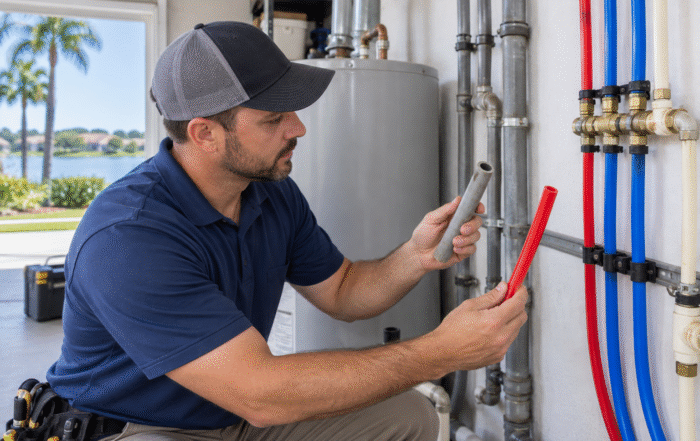 Licensed plumber checking polybutylene water lines before a Repipe in Clermont home