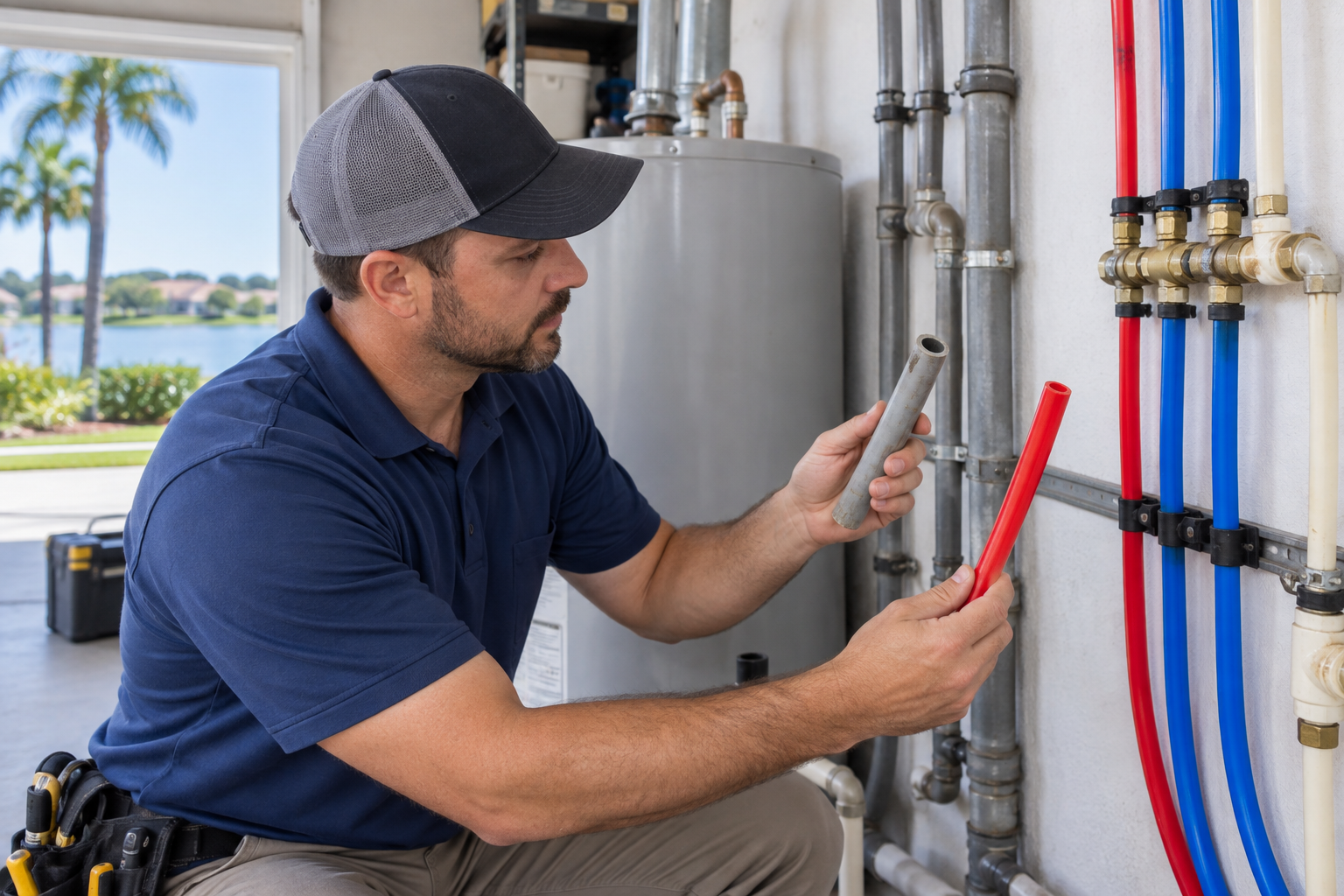 Licensed plumber checking polybutylene water lines before a Repipe in Clermont home