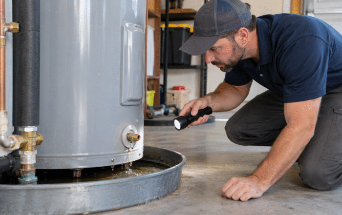 Water Heater Repair in Winter Garden for a leaking residential water heater in a utility area